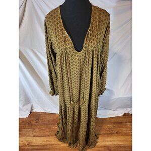 Carly Jean Size XS Geometric Olive Green Long Sleeve Tiered Maxi Dress